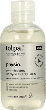 tołpa. dermo face physio płyn micelarny do twarzy i oczu, przezroczysta butelka z białą nakrętką, widok z przodu.