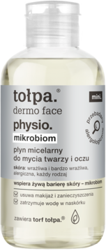 Tołpa dermo face physio. mikrobiom płyn micelarny mini, do skóry wrażliwej, w przezroczystej butelce, widok z przodu.
