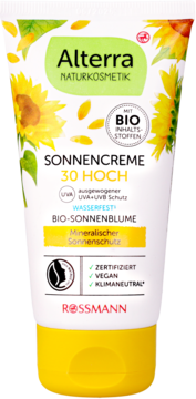 Alterra Sonnencreme SPF 30 mineralna, biała tubka z żółtym wieczkiem, motyw słoneczników, widok z przodu.