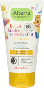 Alterra Krem przeciwsłoneczny dla dzieci SPF 30 w białej tubce z kolorową grafiką i żółtą zakrętką, z przodu.