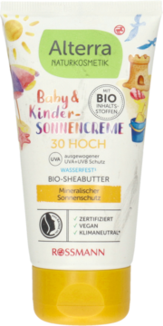 Alterra Krem przeciwsłoneczny dla dzieci SPF 30 w białej tubce z kolorową grafiką i żółtą zakrętką, z przodu.