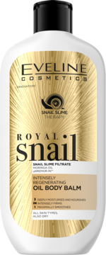 Eveline Royal Snail Intensywnie Regenerujący Olejkowy Balsam do Ciała, biała butelka, złota etykieta, widok z przodu.