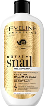 Eveline Royal Snail Intensywnie Regenerujący Olejkowy Balsam do Ciała z filtrowanym śluzem ślimaka, biała butelka, widok z przodu.