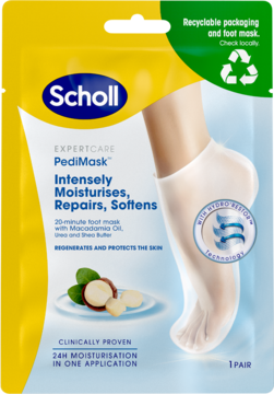 Żółta saszetka Scholl PediMask, intensywnie nawilżająca maska do stóp z olejkiem makadamia, widok z przodu.