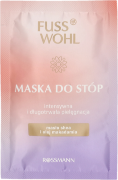 Saszetka Fusswohl Maska do Stóp z masłem shea i olejem makadamia, gradient różu i fioletu, widok przód.