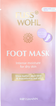 Fusswohl Foot Mask w fioletowo-pomarańczowej saszetce, nawilżająca, z masłem shea, widok z przodu.