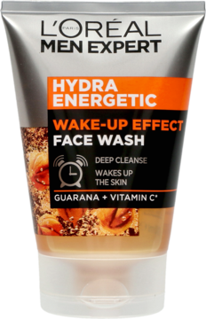 L'Oréal Men Expert Hydra Energetic Wake-Up Effect Face Wash w srebrno-pomarańczowej tubie, front. Głęboko oczyszcza.