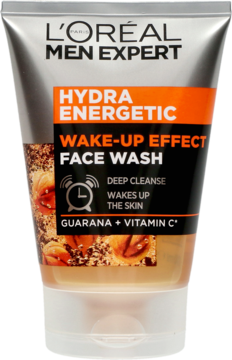 L'Oréal Men Expert Hydra Energetic Wake-Up Effect Face Wash w srebrno-pomarańczowej tubie, front. Głęboko oczyszcza.