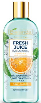 Bielenda Fresh Juice nawilżający płyn micelarny pomarańczowy, z kwasem hialuronowym, w butelce, widok z przodu.