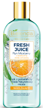 Bielenda Fresh Juice nawilżający płyn micelarny pomarańczowy, z kwasem hialuronowym, w butelce, widok z przodu.
