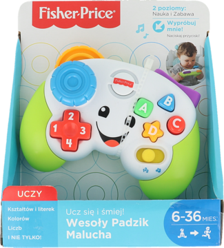 Fisher-Price Wesoły Padzik Malucha, biało-zielony interaktywny kontroler w pudełku, uczy cyfr i kształtów.