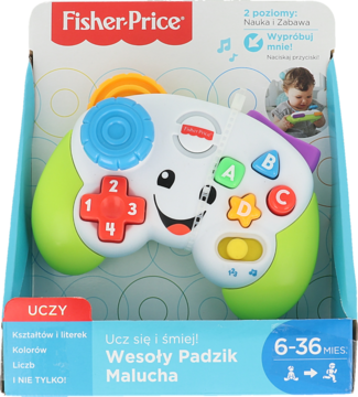 Fisher-Price Wesoły Padzik Malucha, biało-zielony interaktywny kontroler w pudełku, uczy cyfr i kształtów.