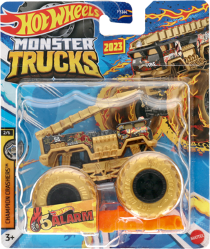 Hot Wheels Monster Trucks 5 ALARM, złoty wóz strażacki z czerwonymi płomieniami w opakowaniu, widok z przodu.