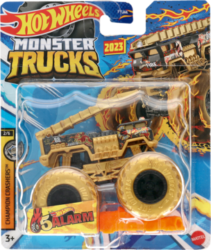 Hot Wheels Monster Trucks 5 ALARM, złoty wóz strażacki z czerwonymi płomieniami w opakowaniu, widok z przodu.