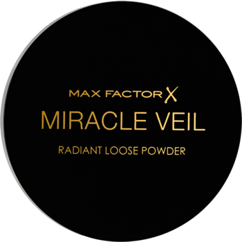 Czarne, okrągłe opakowanie pudru sypkiego Max Factor Miracle Veil Radiant Loose Powder, widok z przodu.