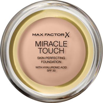 Max Factor Miracle Touch podkład do twarzy Creamy Ivory SPF 30 w okrągłym, szklanym słoiczku, widok z góry.