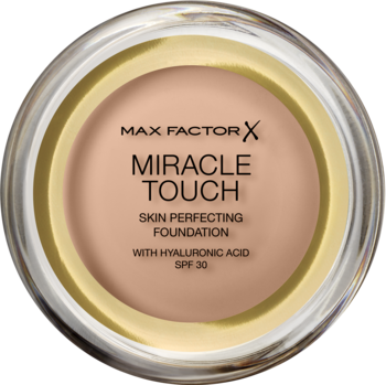Max Factor Miracle Touch beżowy podkład w okrągłym kompakcie, z kwasem hialuronowym i filtrem SPF 30. Widok z góry.