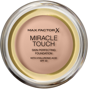 Max Factor Miracle Touch SPF 30, jasnobeżowy podkład w okrągłym słoiku z kwasem hialuronowym, widok z góry.