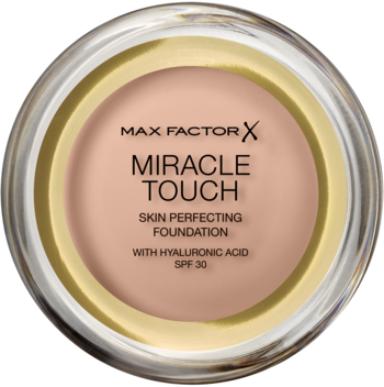 Max Factor Miracle Touch SPF 30, jasnobeżowy podkład w okrągłym słoiku z kwasem hialuronowym, widok z góry.