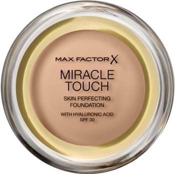 Max Factor Miracle Touch podkład, okrągły kompakt w odcieniu Golden, z kwasem hialuronowym i SPF 30, widok z góry.