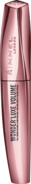 Mascara Rimmel Wonder'Luxe Volume 001 Black w różowo-złotej tubie z pionowym tekstem, widok z przodu.