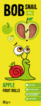 Żółte opakowanie Bob Snail Apple Fruit Rolls, z rysunkiem ślimaka i przekrojonym jabłkiem ukazującym owocową rolkę.