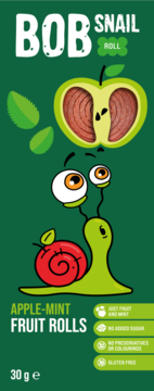 Bob Snail Roll Apple-Mint Fruit Rolls 30g. Opakowanie, zielony ślimak patrzy na plaster jabłka. Bez cukru.