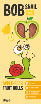 Bob Snail Apple-Pear Fruit Rolls, opakowanie: zielony ślimak z jabłkiem, obok gruszki i rozkrojone jabłko na żółtym tle.