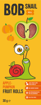 Żółte opakowanie BOB Snail Roll Apple-Pumpkin Fruit Rolls z uśmiechniętym ślimakiem, przekrojonym jabłkiem i dyniami, 30g.