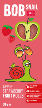 Opakowanie Bob Snail Rollsy Jabłko Truskawka, zdrowa przekąska, z kreskówkowym ślimakiem, jabłkiem i truskawkami na różowym tle.