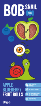 Bob Snail Apple-Blueberry Fruit Rolls 30g. Blue pack, cartoon snail with red apple shell, blueberries.