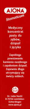 AJONA Stomaticum: medyczny koncentrat pasty do zębów. Czerwone opakowanie z białym napisem, widok z przodu.