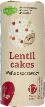 Frontowe ujęcie beżowego opakowania Lestello Lentil Cakes, wafle z soczewicy, gluten free, 17 sztuk.