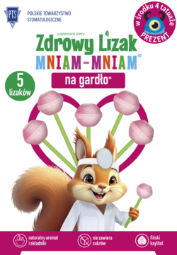 Opakowanie Zdrowy Lizak MNIAM-MNIAM na gardło, z wiewiórką-lekarzem i 5 różowymi lizakami w kształcie serca.