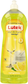 Lutek płyn do naczyń cytrynowy w żółtej, ergonomicznej butelce 1L z białą pompką, widok z przodu.