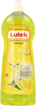 Lutek płyn do naczyń cytrynowy w żółtej, ergonomicznej butelce 1L z białą pompką, widok z przodu.