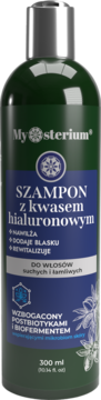 Mysterium Szampon z kwasem hialuronowym dla włosów suchych, zielona butelka, srebrna zakrętka, widok z przodu.
