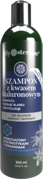 Mysterium szampon z kwasem hialuronowym do włosów suchych, ciemnozielona butelka, 300 ml, widok z przodu.