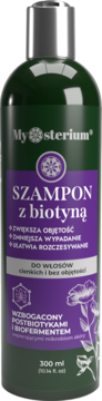 Wzmacniający szampon Mysterium z biotyną w ciemnozielonej butelce, fioletowa etykieta, widok z przodu.