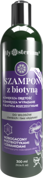 Mysterium szampon z biotyną i postbiotykami do włosów cienkich, zielona butelka z pompką, widok z przodu.