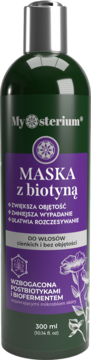 Mysterium Maska z biotyną 300ml, ciemnozielona butelka z fioletową etykietą i srebrną nakrętką, widok z przodu.