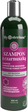 Regenerujący szampon Mysterium z czarnuszką 300 ml, ciemnozielona butelka z różową etykietą, widok z przodu.