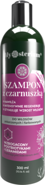 Szampon z czarnuszką Mysterium w ciemnozielonej butelce z różową etykietą, dla włosów zniszczonych i farbowanych.