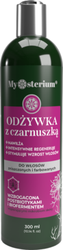 Ciemnozielona butelka odżywki do włosów Mysterium z czarnuszką, różowa etykieta, widok z przodu.