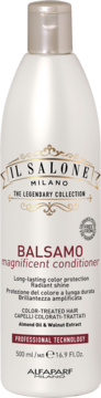 Biała butelka Il Salone Magnificent Conditioner do włosów farbowanych, z elegancką etykietą i srebrną nakrętką, widok z przodu.