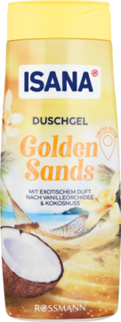 Isana Golden Sands żel pod prysznic, żółta butelka z kokosem i wanilią, egzotyczny zapach, widok z przodu.