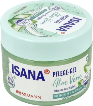 Isana żel pielęgnacyjny Aloe Vera 90% do twarzy i ciała w przezroczystym słoiku z zieloną nakrętką, widok z przodu.