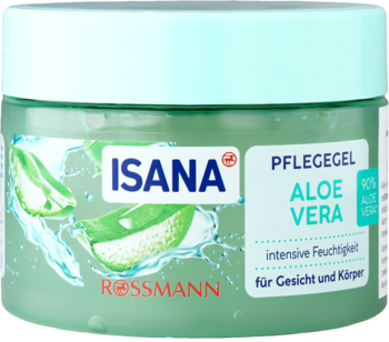 Isana żel pielęgnacyjny Aloe Vera do twarzy i ciała, 90% aloesu, w transparentnym zielonym słoiku, z przodu.