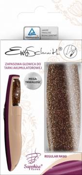 Zapasowa głowica korundowa Ewa Schmidt "MEGA TRWAŁOŚĆ" do tarki akumulatorowej, brązowa, w opakowaniu.