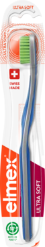 Elmex Ultra Soft, szwajcarska szczoteczka do zębów z niebiesko-szarą rączką i zielonym włosiem, widok z przodu w blistrze.